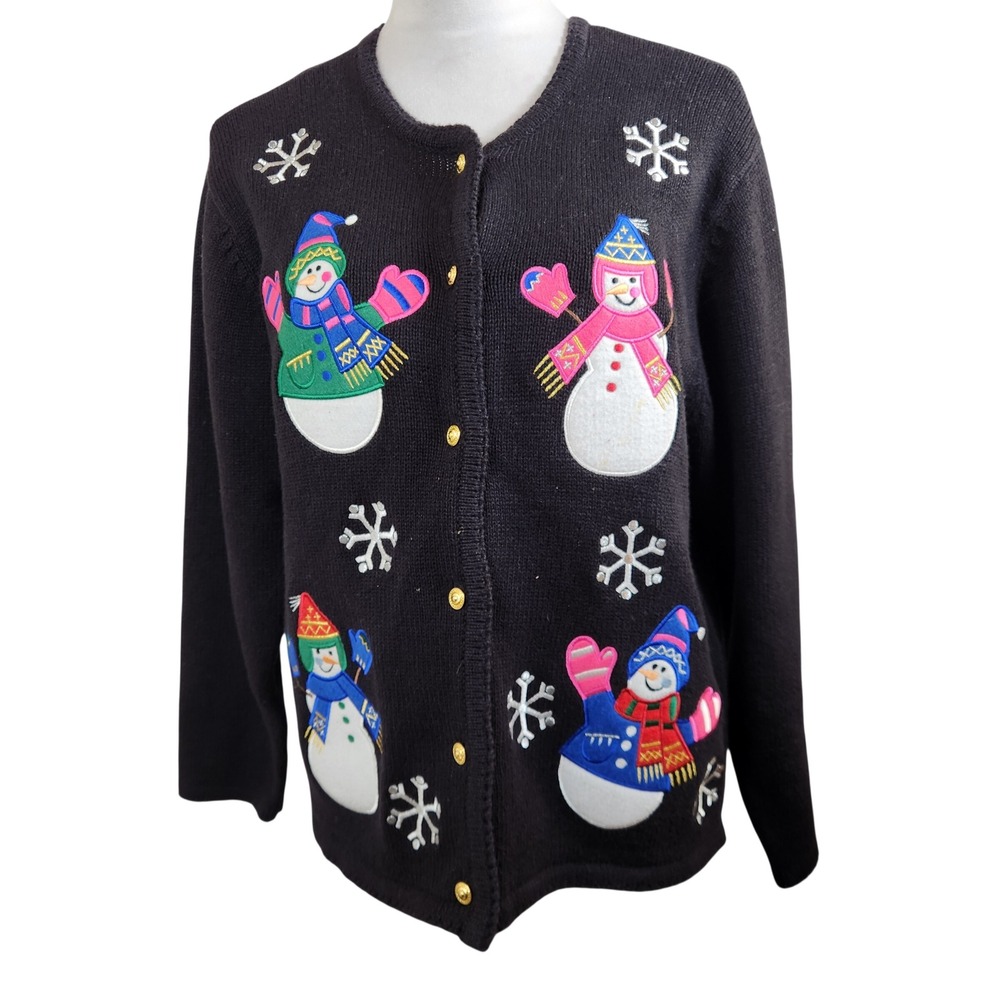 Vtg Crystal Kobe Womens Medium Black Snowman Christmas Cardigan Sweater Granny